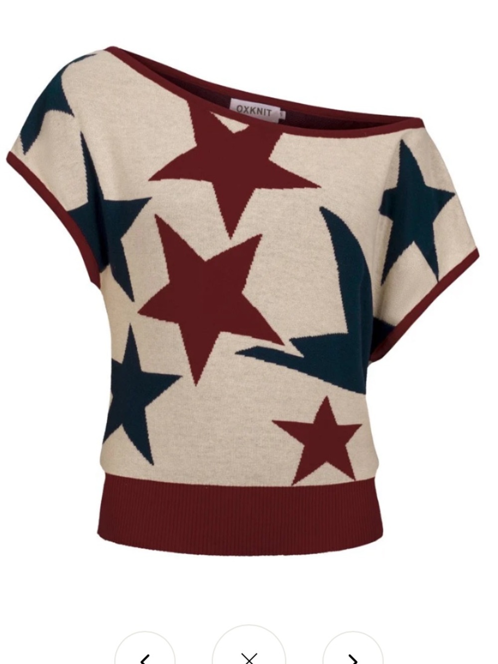 Off-the-Shoulder Star-Print Sweater in Cream, Burgundy & Navy